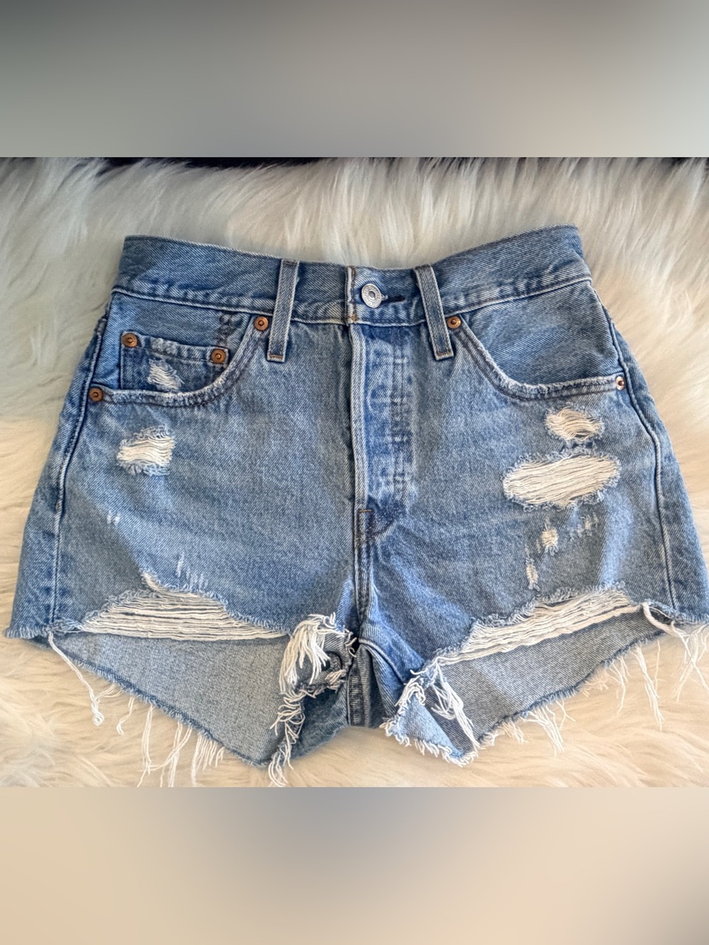 Levi 501, W25, Vintage-Inspired Light Blue Distressed Denim Shorts